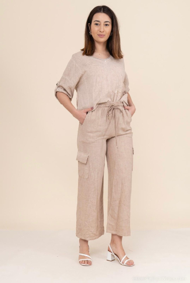 Grossiste For Her Paris - Pantalon cargo large en lin taille élastiquée poches latérales délavage spécial