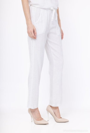 Wholesaler For Her Paris - Plain linen pants with guipures on side sides, elasticated waist, special wash