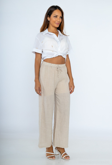 Mayorista For Her Paris - Pantalón ancho liso 100% lino, cintura elástica