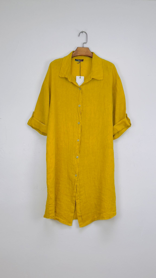 Grossiste For Her Paris - robe gilet uni en 100% lin avec des boutons et manches 3/4