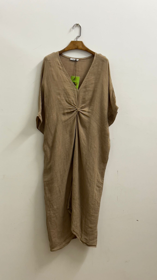 Wholesaler For Her Paris - long plain oversized dress V-neck 3/4 sleeves in 100% linen
