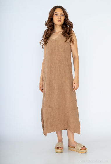 Wholesaler For Her Paris - Long plain 100% linen sleeveless dress