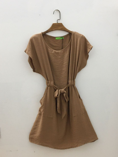 Wholesaler For Her Paris - Plain belted viscose dress with round neck pockets