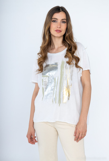 Wholesaler For Her Paris - Linen top round neck short sleeves silver hearts and rhinestones