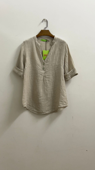 Grossiste For Her Paris - Top oversize 100% lin col mao manches 3/4