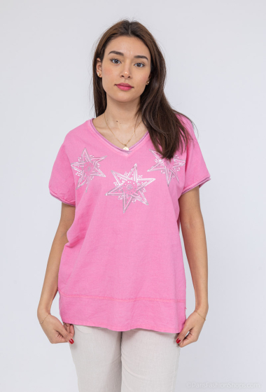Wholesaler For Her Paris - Plain oversized top with stars in linen and cotton V-neck short sleeves