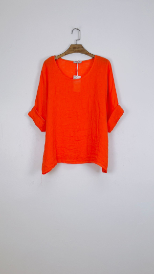 Grossiste For Her Paris - Top oversize uni 100% lin col rond manches 3/4