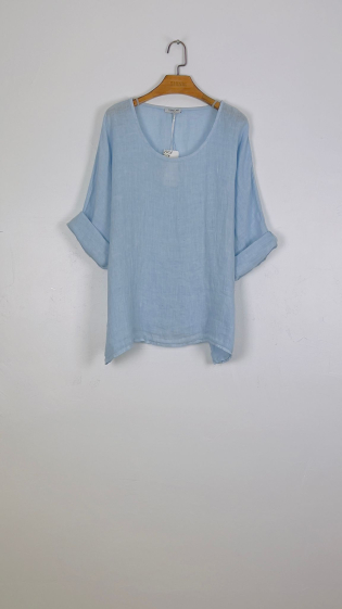 Grossiste For Her Paris - Top oversize uni 100% lin col rond manches 3/4