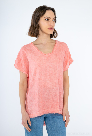 Wholesaler For Her Paris - Plain linen top with fancy collar, sleeves, round neck, short sleeves