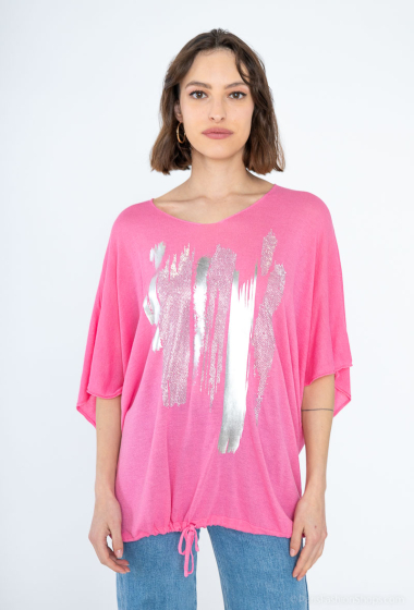Wholesaler For Her Paris - Oversized viscose top with silver lines and rhinestones, round neck, short sleeves