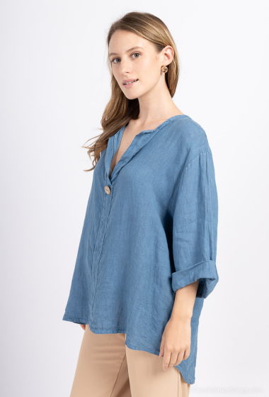 Wholesaler For Her Paris - Plain top 100% linen V-neck 3/4 sleeves and button