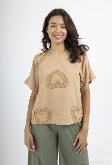 Wholesaler For Her Paris - Plain top in 100% cotton with hearts, round neck, short sleeves