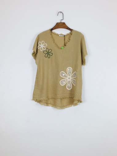 Wholesaler For Her Paris - Plain linen top with daisies and rhinestones V-neck short sleeves