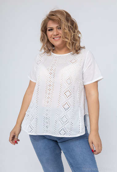 Wholesaler For Her Paris - Plain short-sleeved top in 100% cotton with English embroidery on the front