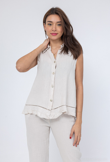 Wholesaler For Her Paris - Plain tank top with buttons or sleeveless linen vest in a special wash