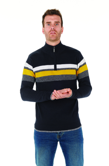 Großhändler FRANCE DENIM - Farblich gestreifter Pullover mit Reißverschlusskragen