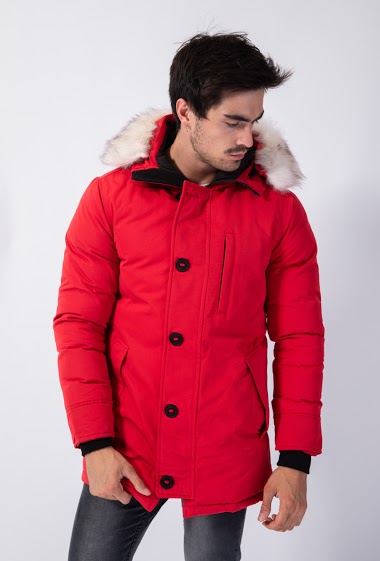 Mens red coat on sale with fur hood