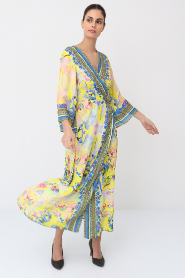 Großhändler Frime Beachwear - Langer bedruckter Kimono mit Strasssteinen
