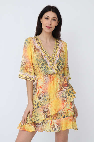 Wholesaler Frime Beachwear - Short printed dress with rhinestones and ruffles