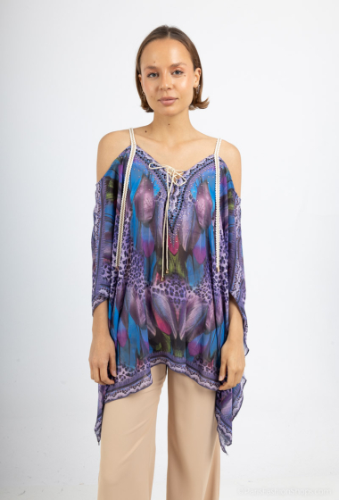 Wholesaler Frime Beachwear - Printed top with rhinestones off the shoulder
