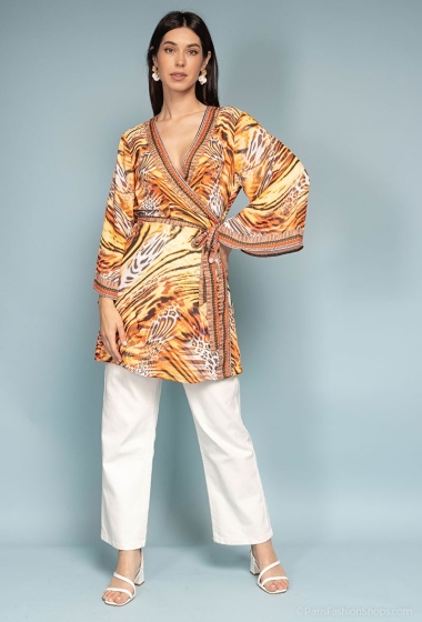 Wholesaler Frime Beachwear - Printed wrap tunic with rhinestones