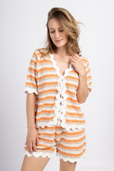 Wholesaler Frime Paris - Short-sleeved striped knitted cardigan