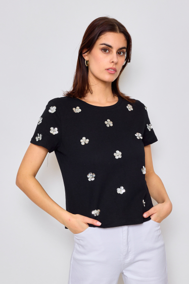 Grossiste Frime Paris - T-shirt en coton avec fleurs fantaisies