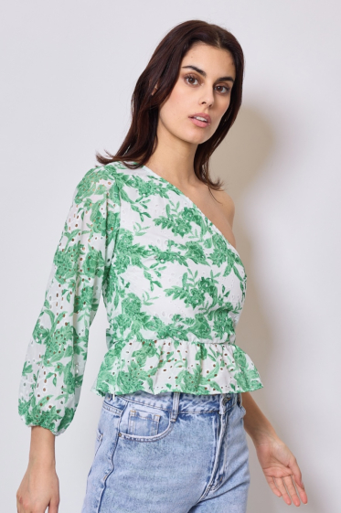 Wholesaler Frime Paris - Asymmetrical printed top with English embroidery