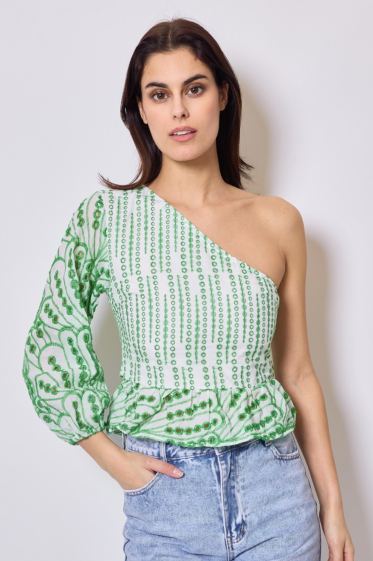 Wholesaler Frime Paris - Asymmetrical printed top with English embroidery