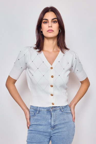Wholesaler Frime Paris - Fine knit top decorated with rhinestones and gold buttons.