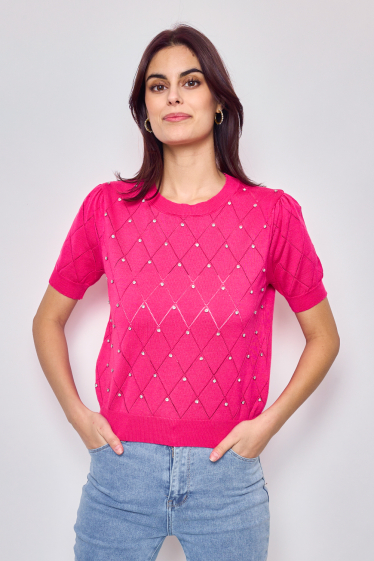 Wholesaler Frime Paris - Short-sleeved top in fine knit with rhinestones