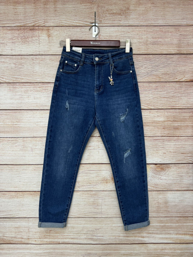 Großhändler G-Smack - Zerrissene blaue Mom-Fit-Jeans mit Schlüsselring