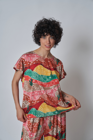 Wholesaler Garçonne - Patterned round-neck satin blouse