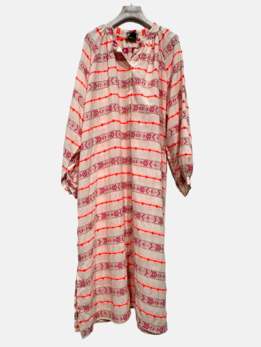 Grossiste Garçonne - Robe chemise manche longue col mao à broderie géométrique