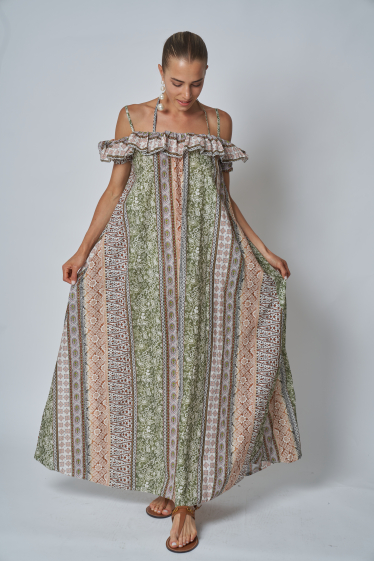 Mayorista Garçonne - Long patterned cotton dress, thin strap, bare shoulders