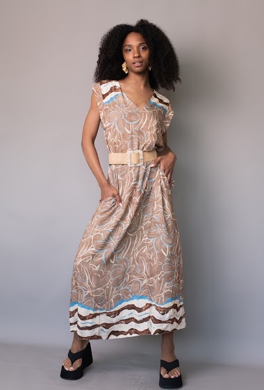 Wholesaler Garçonne - Fluid long dress with pattern sleeveless + belt