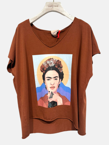 Großhändler Garçonne - Frida Kahlo beflocktes, lockeres Rundhals-T-Shirt