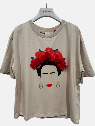 Grossiste Garçonne - T shirt Frida Kahlo Rose en tulle