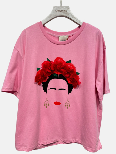 Grossiste Garçonne - T shirt Frida Kahlo Rose en tulle