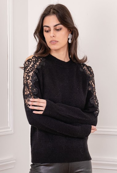 Großhändler GD Golden Days - Plain round neck sweater with bare shoulders and lace sleeves