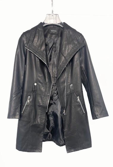 Wholesaler Giorgia - Black faux leather  trench coat half long