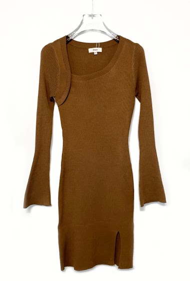 Wholesaler Giorgia - Long-Sleeve Plain Ribbed Knit Sheath Dress