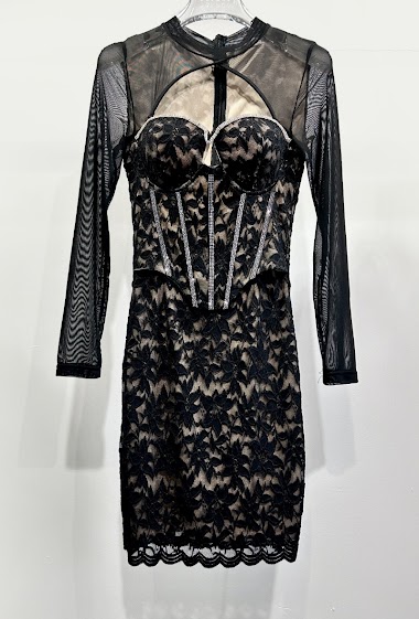 Wholesaler Giorgia - Long sleeve lace dress Strapless neckline with rhinestone