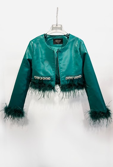 Wholesaler Giorgia - Short PU jacket with rhinestones and feather