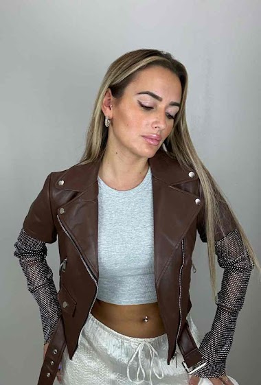Wholesaler Giorgia - Leatherette jacket with rhinestone sleeves