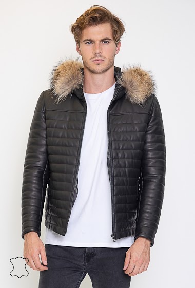 Lambskin leather down-jacket with fin-raccoun fur trim