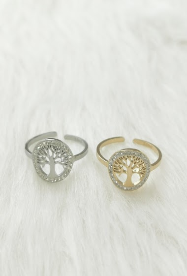 Wholesaler Glam Chic - Adjustable Tree of Life Ring with Stainless Steel Rhinestones