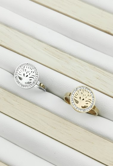Wholesaler Glam Chic - Stainless steel adjustable tree of life and rhinestone ring