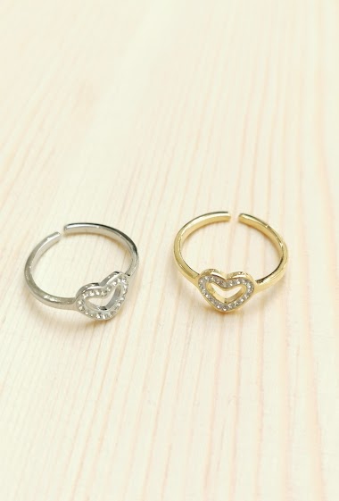 Mayorista Glam Chic - Adjustable heart ring with stainless steel rhinestones