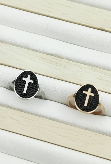 Wholesaler Glam Chic - Stainless steel cross and black rhinestone adjustable ring